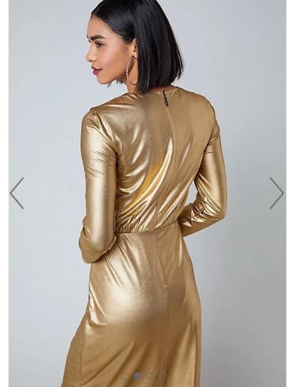 bebe Metallic Gold Wrap-Front Long Sleeve Midi Dress - Picture 3 of 9